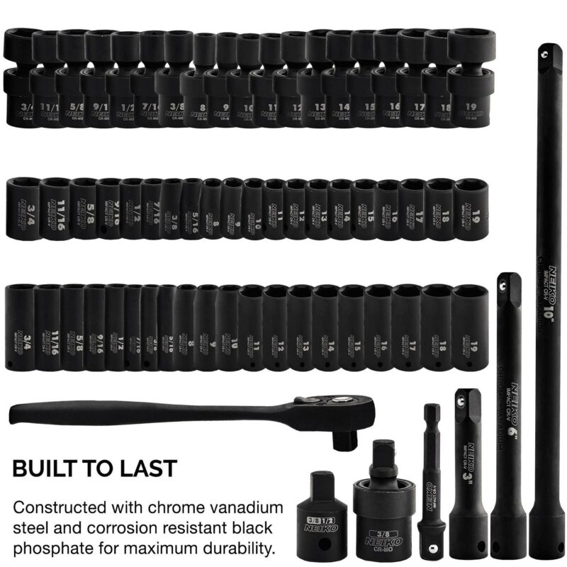 NEIKO 02471A Impact Socket Set, 3/8a Drive, 67 Piece, Metric and Standard Master Socket Set with Shallow and Deep Sockets, Ratchet, Swivel Sockets, Extension Bars, Adapters, Cr-V and Cr-Mo - Image 2