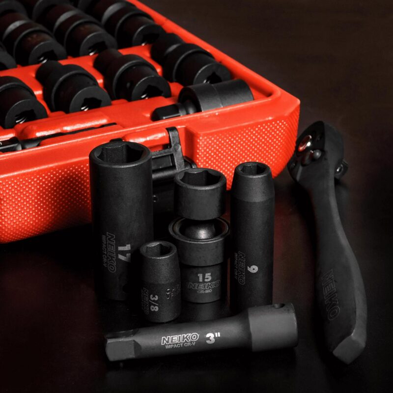 NEIKO 02471A Impact Socket Set, 3/8a Drive, 67 Piece, Metric and Standard Master Socket Set with Shallow and Deep Sockets, Ratchet, Swivel Sockets, Extension Bars, Adapters, Cr-V and Cr-Mo - Image 5