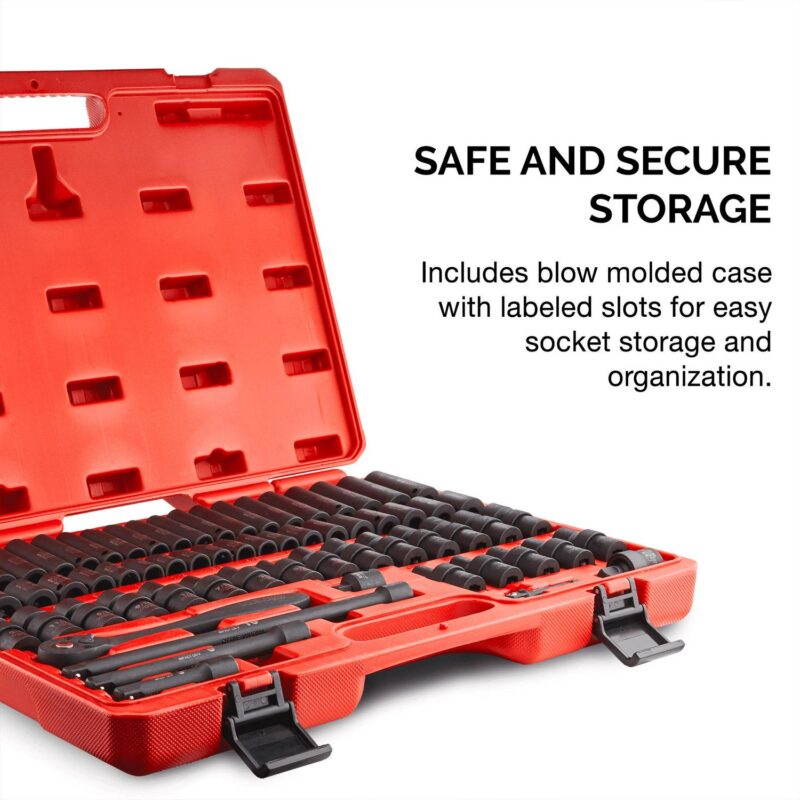 NEIKO 02471A Impact Socket Set, 3/8a Drive, 67 Piece, Metric and Standard Master Socket Set with Shallow and Deep Sockets, Ratchet, Swivel Sockets, Extension Bars, Adapters, Cr-V and Cr-Mo - Image 3