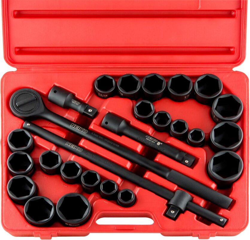 NEIKO 02499A 3/4-inch-Drive Jumbo Master Impact Socket Set, SAE and Metric Shallow-Sockets, SAE 7/8  to 2  and Metric 26 to 38 mm, 27 Pieces