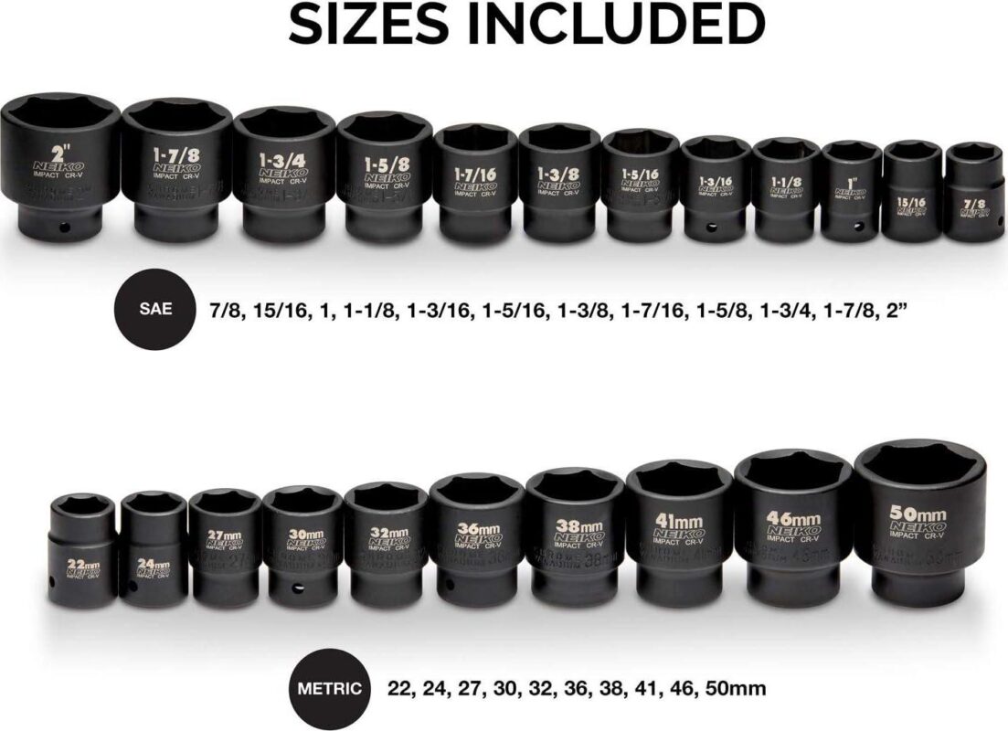 NEIKO 02499A 3/4-inch-Drive Jumbo Master Impact Socket Set, SAE and Metric Shallow-Sockets, SAE 7/8  to 2  and Metric 26 to 38 mm, 27 Pieces - Image 4