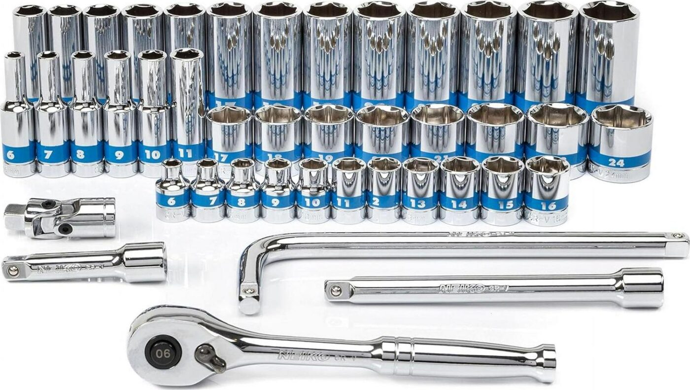 NEIKO 02512A 3/8a Drive Socket Set with Quick Release Ratchet (90 Tooth), 43 Piece Standard and Deep Metric Sizes, 6mm to 24mm, 6 Point, Universal Joint, 3/8a Extension Bars, Made with CR-V Steel - Image 3