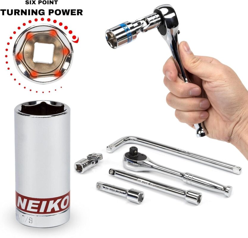 NEIKO 02512A 3/8a Drive Socket Set with Quick Release Ratchet (90 Tooth), 43 Piece Standard and Deep Metric Sizes, 6mm to 24mm, 6 Point, Universal Joint, 3/8a Extension Bars, Made with CR-V Steel - Image 2