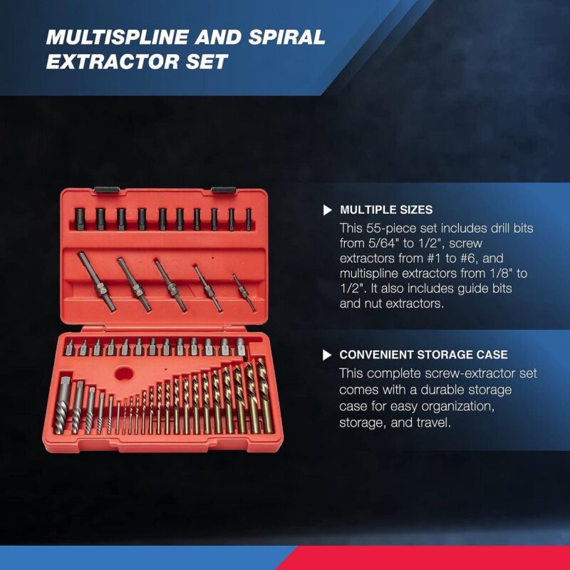 NEIKO 04202A Master Screw Extractor | 55 Pieces Broken Bolt Remover | Multi Spline, Extractor Pins, Spiral and Nut Extractors | 5/64a to 1/2  | Stripped Screws, Studs, Fittings and Lugs Extraction - Image 3