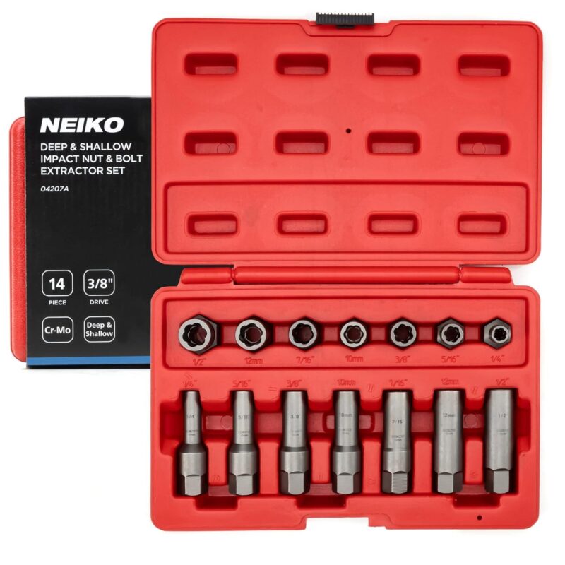 NEIKO 04207A Impact Nut and Bolt Extractor Set, 14 Piece Lug Nut Removal Tool, 3/8 Drive, Deep and Shallow Stripped Bolt Extractor Socket Set, Rounded Bolt Removal tool, Nut Remover Socket Set, CR-Mo