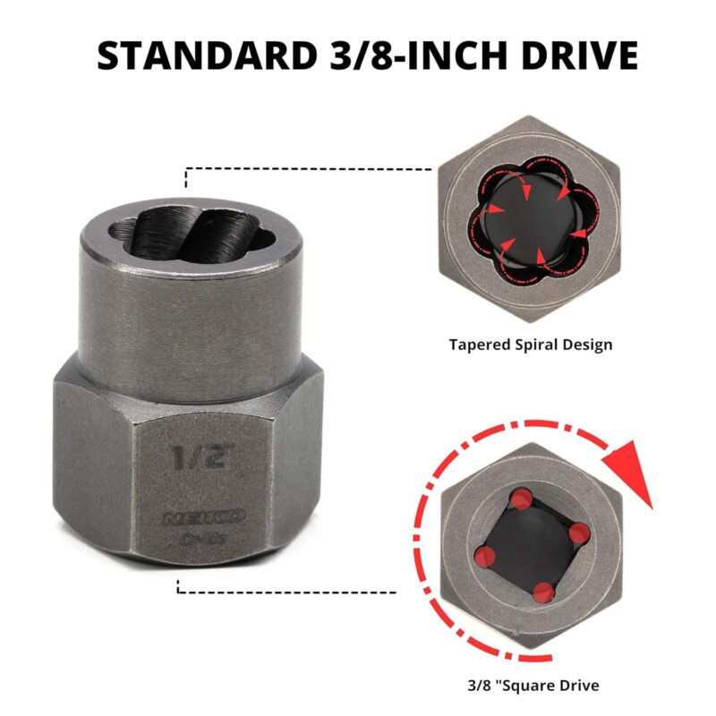 NEIKO 04207A Impact Nut and Bolt Extractor Set, 14 Piece Lug Nut Removal Tool, 3/8 Drive, Deep and Shallow Stripped Bolt Extractor Socket Set, Rounded Bolt Removal tool, Nut Remover Socket Set, CR-Mo - Image 4