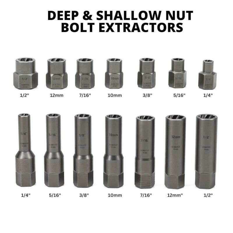 NEIKO 04207A Impact Nut and Bolt Extractor Set, 14 Piece Lug Nut Removal Tool, 3/8 Drive, Deep and Shallow Stripped Bolt Extractor Socket Set, Rounded Bolt Removal tool, Nut Remover Socket Set, CR-Mo - Image 3