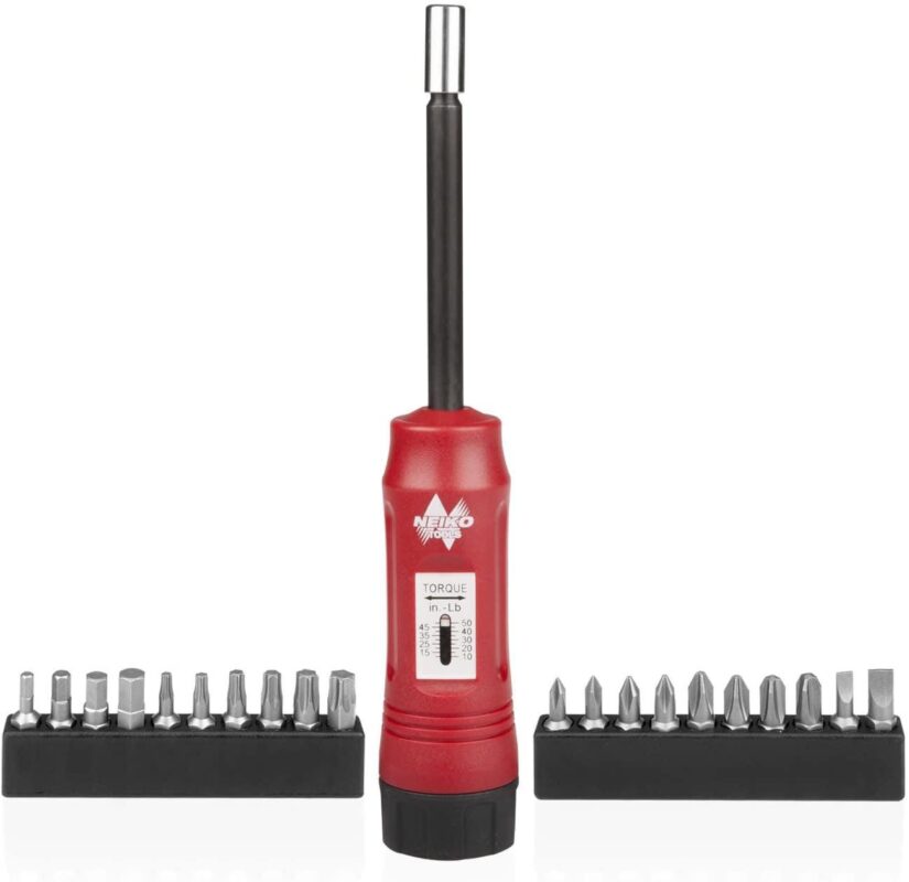 NEIKO 10573B 1/4a Torque Screwdriver Set, 20 Hex Bits, 10 to 50 In-Lbs, Long Shank Screwdriver Torque Wrench, Adjustable Inch-Pound Torque Screwdriver for HVAC and Gunsmiths