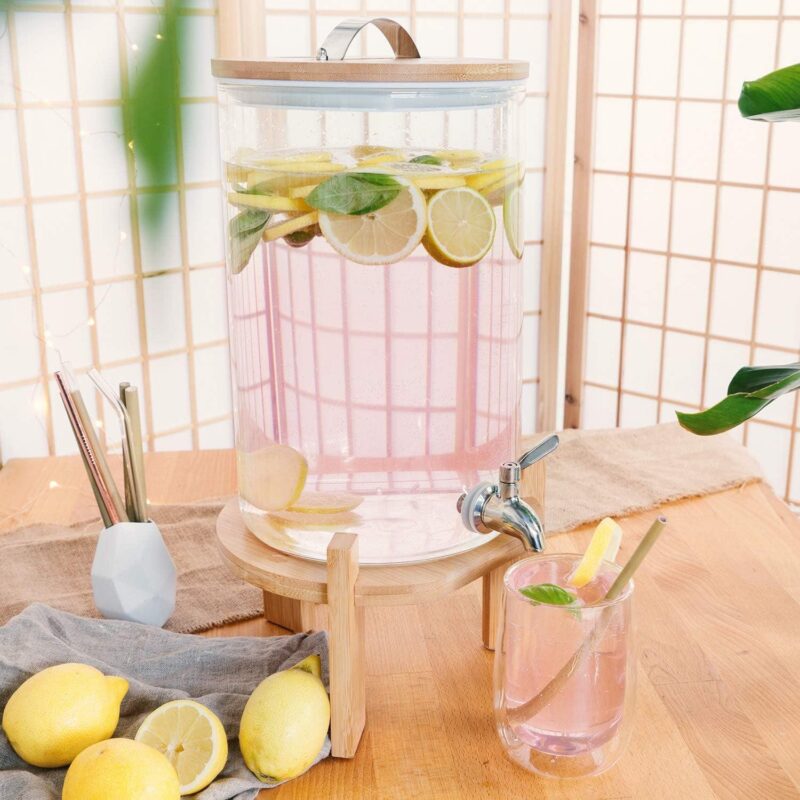 Navaris Beverage Dispenser with Stand - 1.8 Gallon (7L) Glass Drink Dispenser with Spigot, Lid, Wood Stand for Hot or Cold Drinks, Ice Water, Parties - Image 2