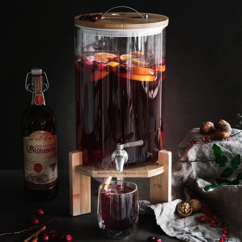Navaris Beverage Dispenser with Stand - 1.8 Gallon (7L) Glass Drink Dispenser with Spigot, Lid, Wood Stand for Hot or Cold Drinks, Ice Water, Parties - Image 5