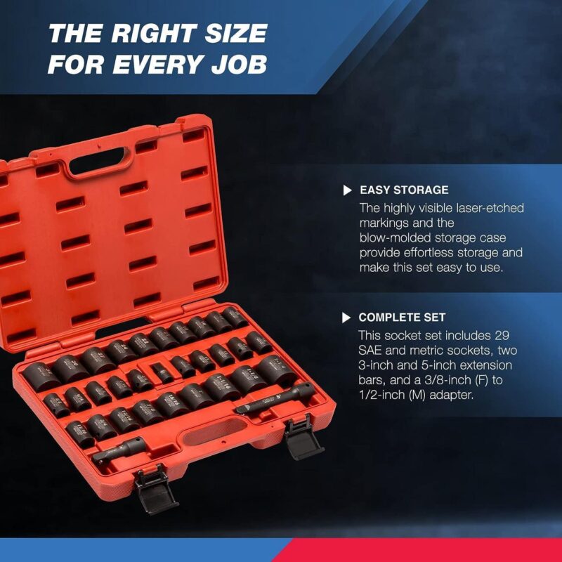 Neiko 02447A 1/2  Drive Master Impact Socket Set, 32 Piece Shallow Socket Assortment | Standard SAE (3/8-Inch to 1-1/4-Inch) and Metric (10-32 mm) Sizes | Cr-V Steel - Image 3
