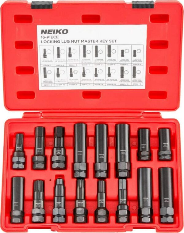 Neiko 02457A Lug-Nut Key Set, Wheel-Lock Removal Tool Kit for Aftermarket and Factory Wheel Tire Keys, SAE and Metric Lug Sockets, 16 Pieces