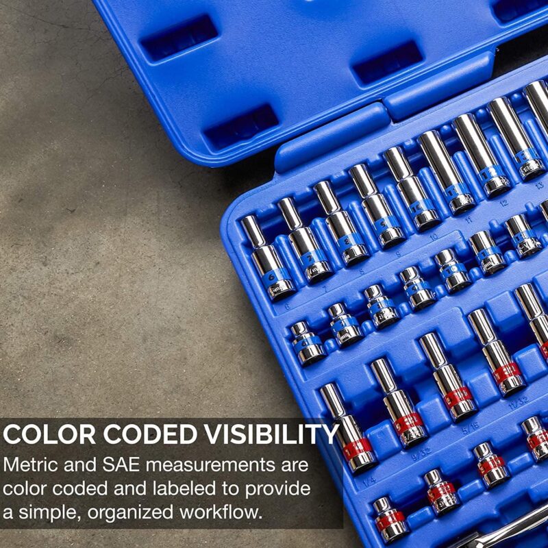 Neiko 02472A 3/8-Inch-Drive Colored Mechanics Tool Ratchet, Socket Set, 76-Piece Standard and Deep SAE Sizes 1/4  to 1  Metric Sizes 6 mm to 24 mm Made with CrV Steel for Auto Repair - Image 5