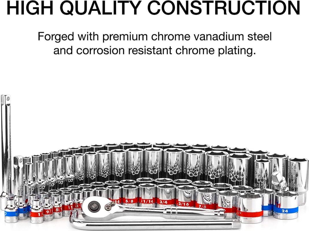 Neiko 02472A 3/8-Inch-Drive Colored Mechanics Tool Ratchet, Socket Set, 76-Piece Standard and Deep SAE Sizes 1/4  to 1  Metric Sizes 6 mm to 24 mm Made with CrV Steel for Auto Repair - Image 2