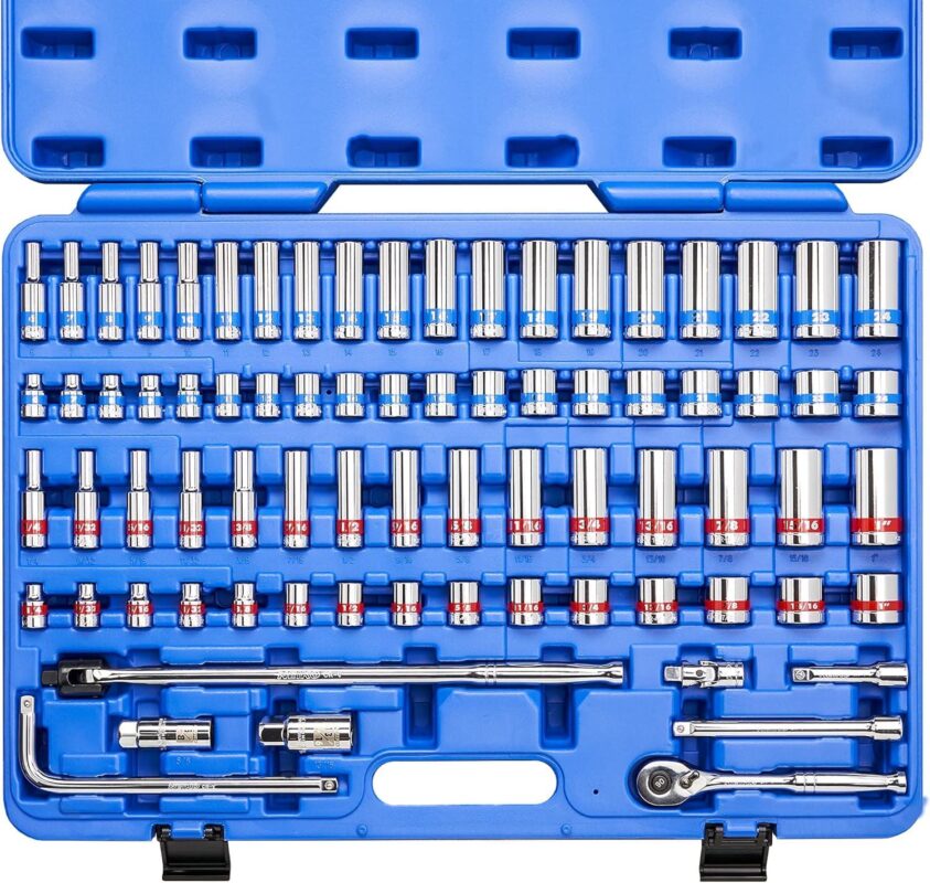 Neiko 02472A 3/8-Inch-Drive Colored Mechanics Tool Ratchet, Socket Set, 76-Piece Standard and Deep SAE Sizes 1/4  to 1  Metric Sizes 6 mm to 24 mm Made with CrV Steel for Auto Repair