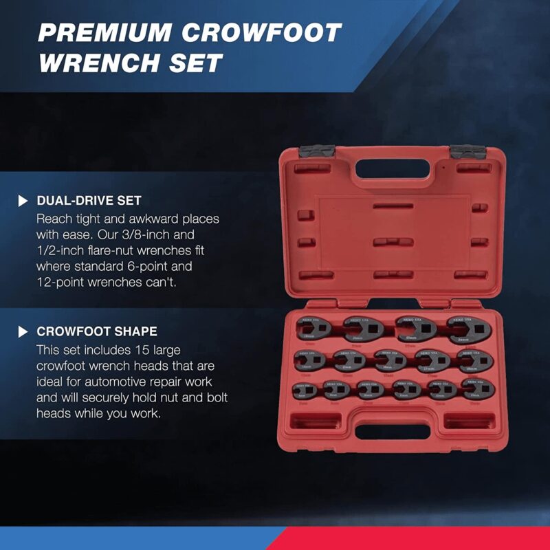 Neiko 03324A Crowfoot Wrench Set 1/2  and 3/8a Drive, 15 Piece, Metric, Sizes 8mm-24mm, Cr-Mo, Flare Nut - Image 2