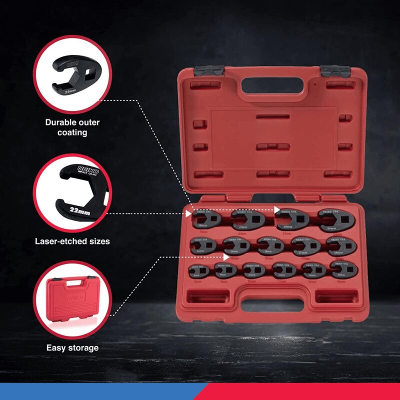 Neiko 03324A Crowfoot Wrench Set 1/2  and 3/8a Drive, 15 Piece, Metric, Sizes 8mm-24mm, Cr-Mo, Flare Nut - Image 4