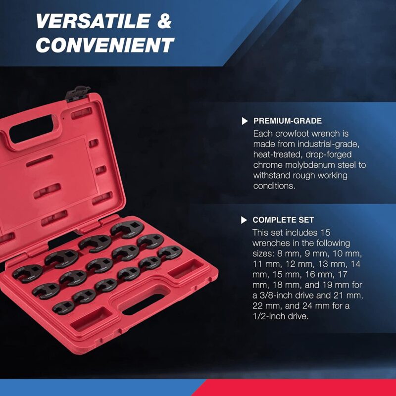 Neiko 03324A Crowfoot Wrench Set 1/2  and 3/8a Drive, 15 Piece, Metric, Sizes 8mm-24mm, Cr-Mo, Flare Nut - Image 3