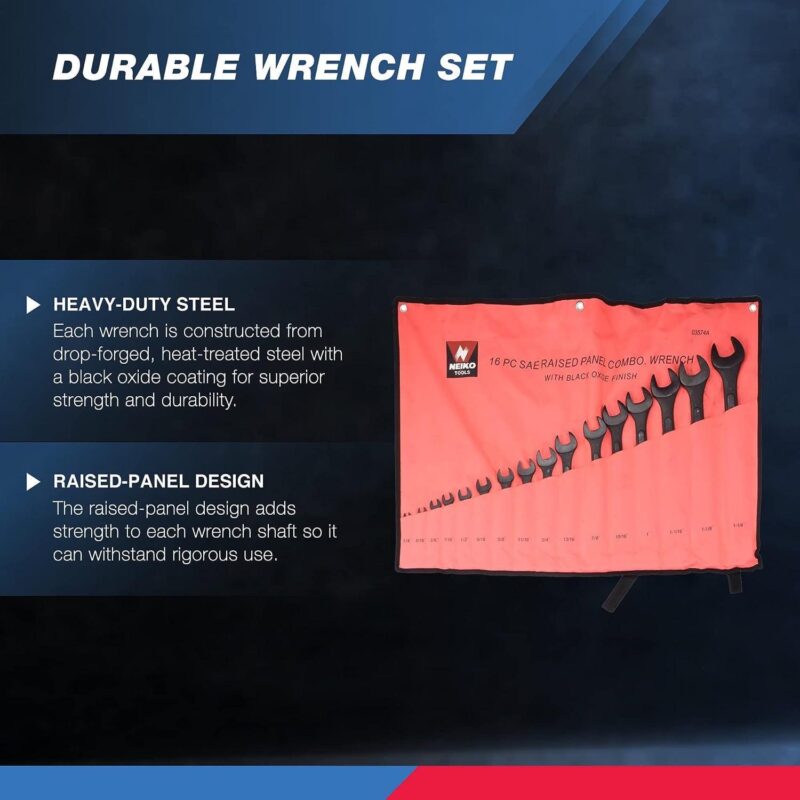 Neiko 03574A Jumbo Combination Wrench Set | 16 Piece | SAE | 1/4a to 1-1/4a | Raised Panel Construction - Image 2