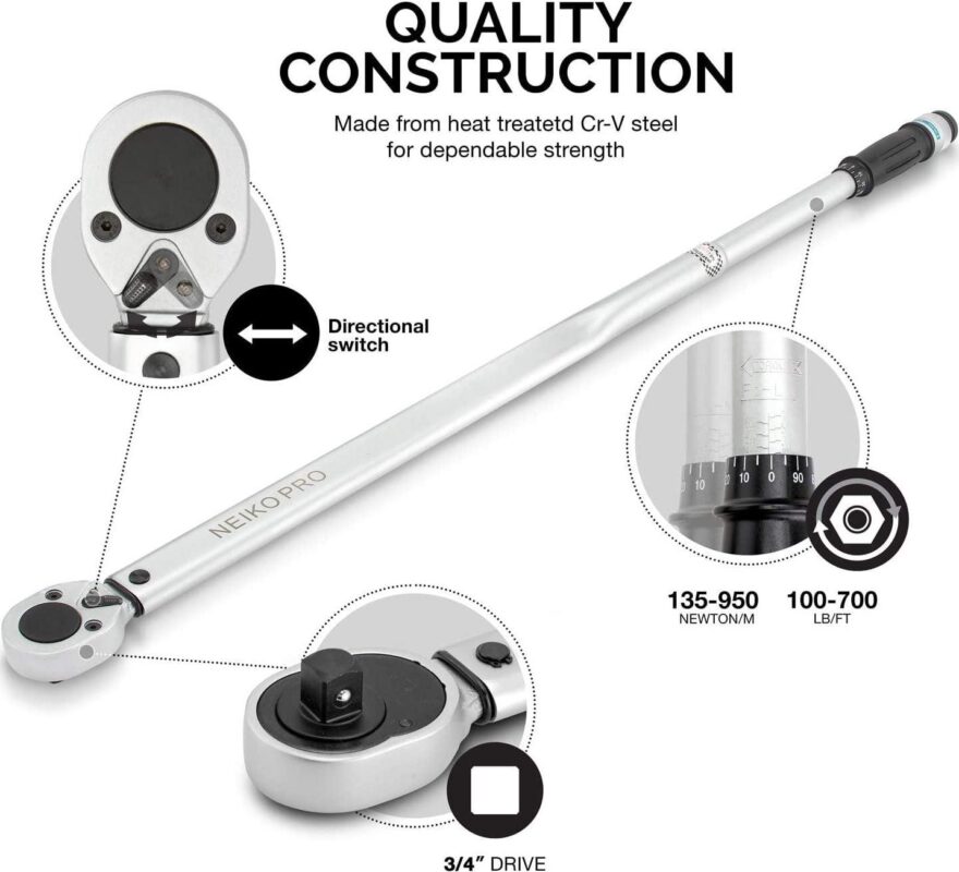 Neiko PRO 03710B 3/4-Inch-Drive Adjustable SAE Torque Wrench with Torque Click Settings of 100a 700 Foot-Pound, Made with CrV Steel, 48-Inch Length - Image 3