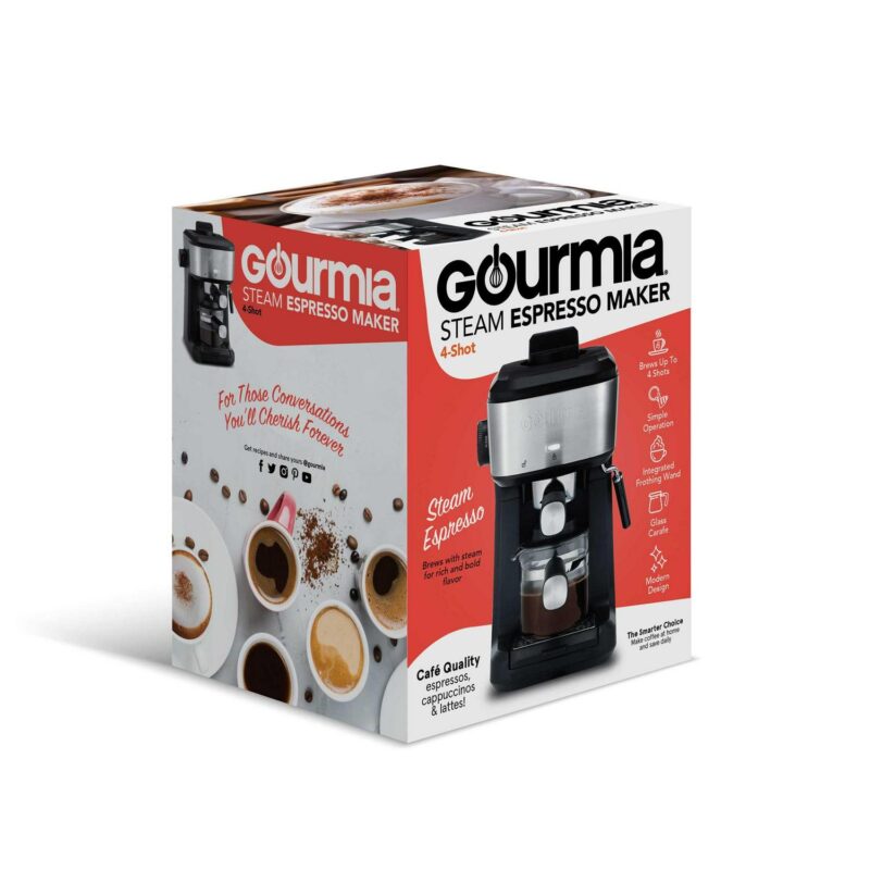 New Gourmia 4-Shot Steam Espresso, Cappuccino, and Latte Maker with Frothing Wand - Image 6