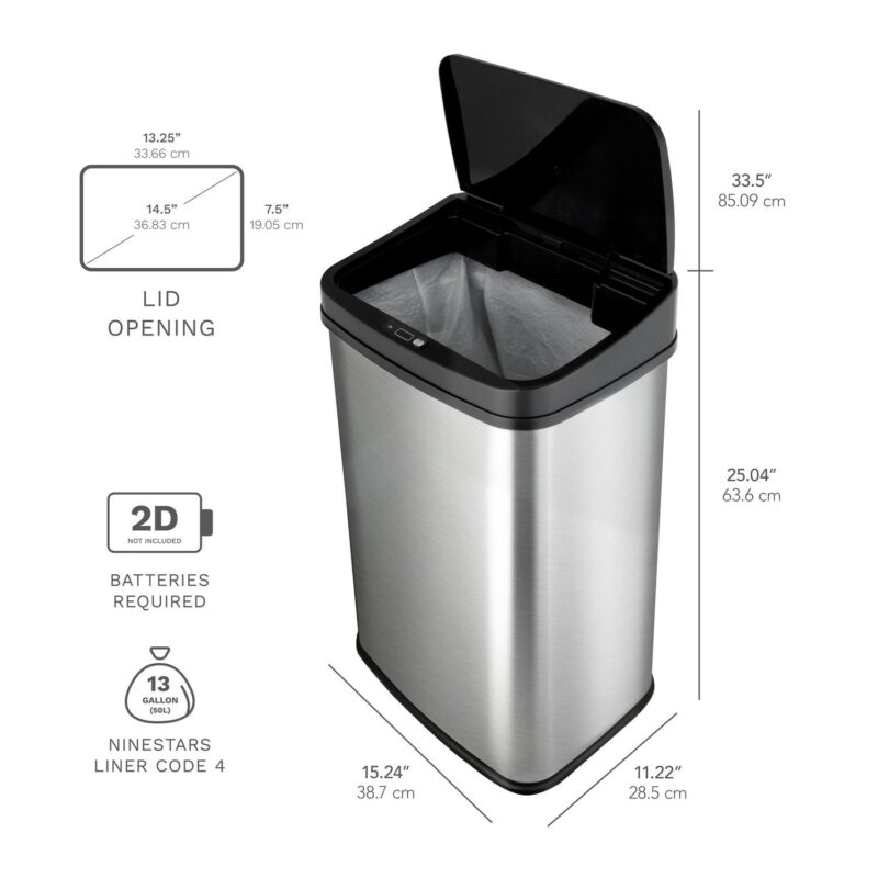 Nine Stars 13.2 Gallon Trash Can, Touchless Kitchen Trash Can, Stainless Steel with Black Lid - Image 8