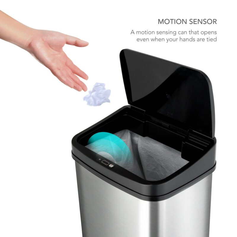 Nine Stars 13.2 Gallon Trash Can, Touchless Kitchen Trash Can, Stainless Steel with Black Lid - Image 2