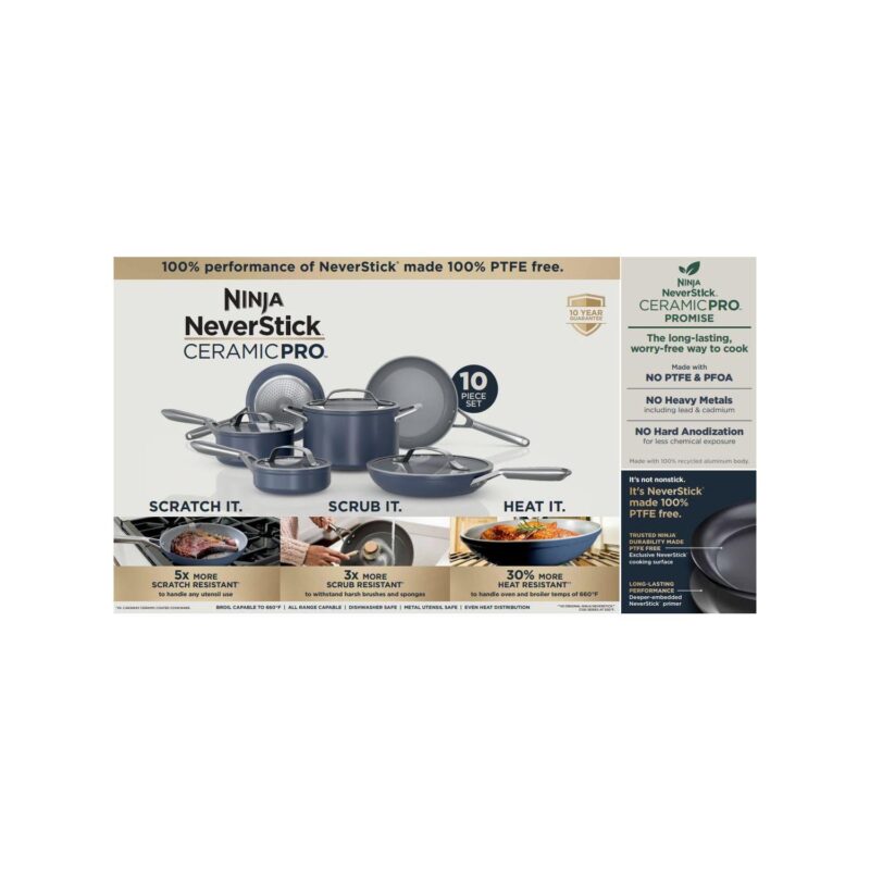 Ninja NeverStick Ceramic Pro 10-Piece Cookware Set, Blue, CW38000 - Image 12