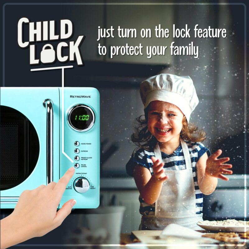 Nostalgia Retro Compact Countertop Microwave Oven, 0.7 Cu. Ft. 700-Watts with LED Digital Display, Child Lock, Easy Clean Interior, Aqua - Image 4