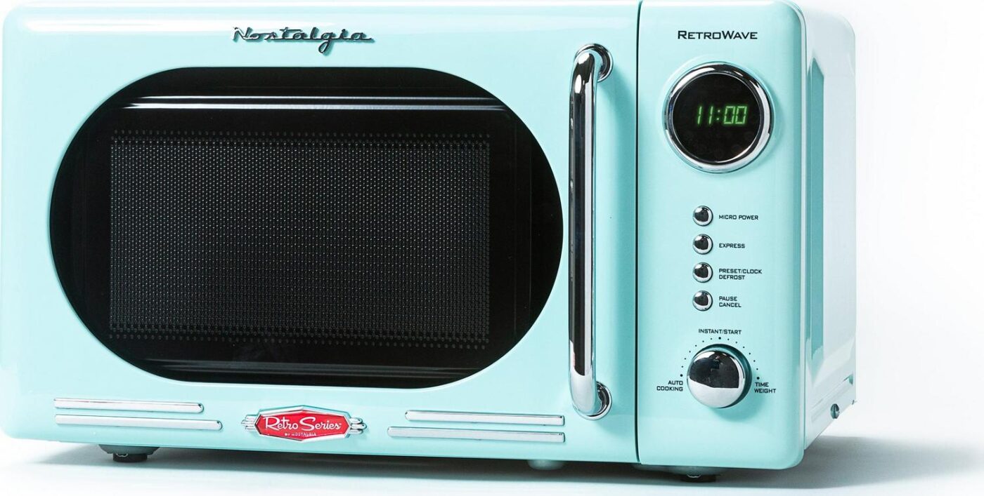 Nostalgia Retro Compact Countertop Microwave Oven, 0.7 Cu. Ft. 700-Watts with LED Digital Display, Child Lock, Easy Clean Interior, Aqua