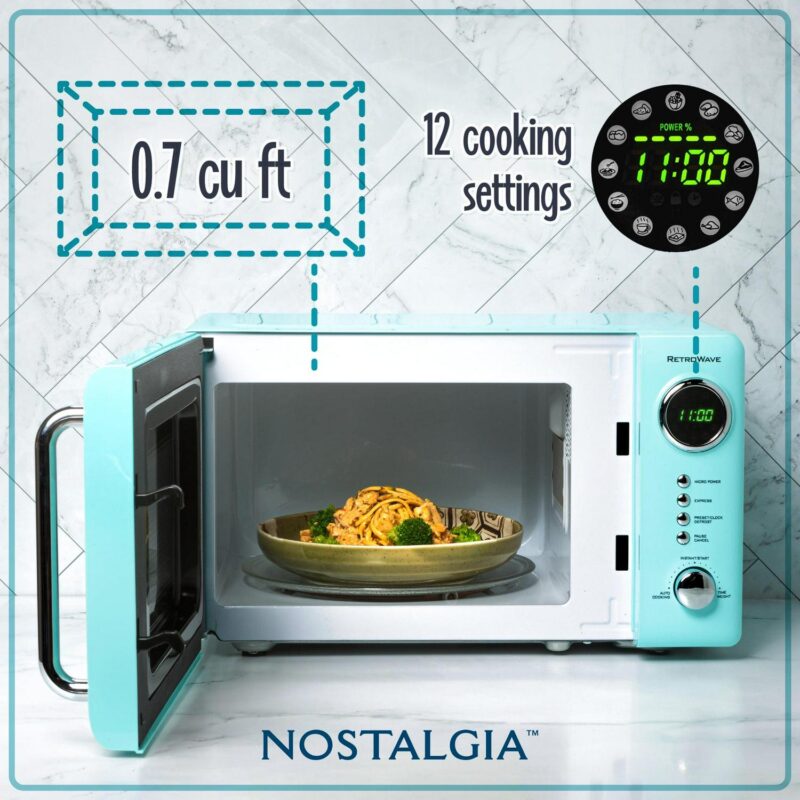 Nostalgia Retro Compact Countertop Microwave Oven, 0.7 Cu. Ft. 700-Watts with LED Digital Display, Child Lock, Easy Clean Interior, Aqua - Image 2
