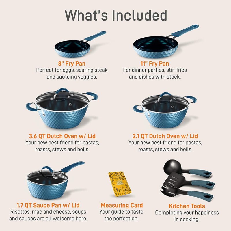 NutriChef 11 Piece Nonstick Diamond Pattern Kitchen Cookware Set, Royal Blue - Image 2