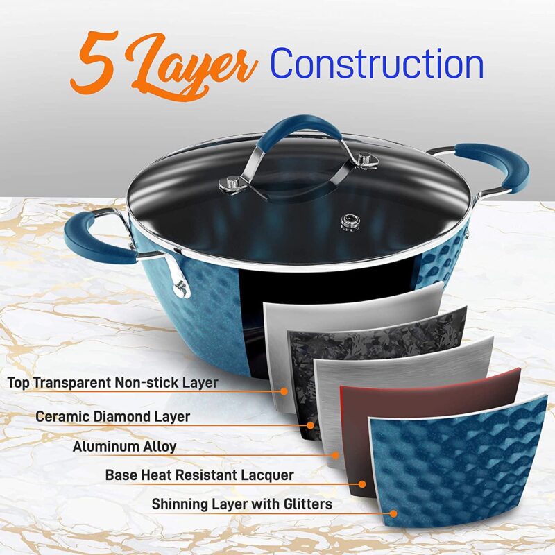 NutriChef 11 Piece Nonstick Diamond Pattern Kitchen Cookware Set, Royal Blue - Image 5