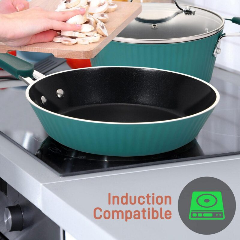NutriChef 11 Piece Nonstick Elegant Lines Pattern Kitchen Cookware Set Teal - Image 4