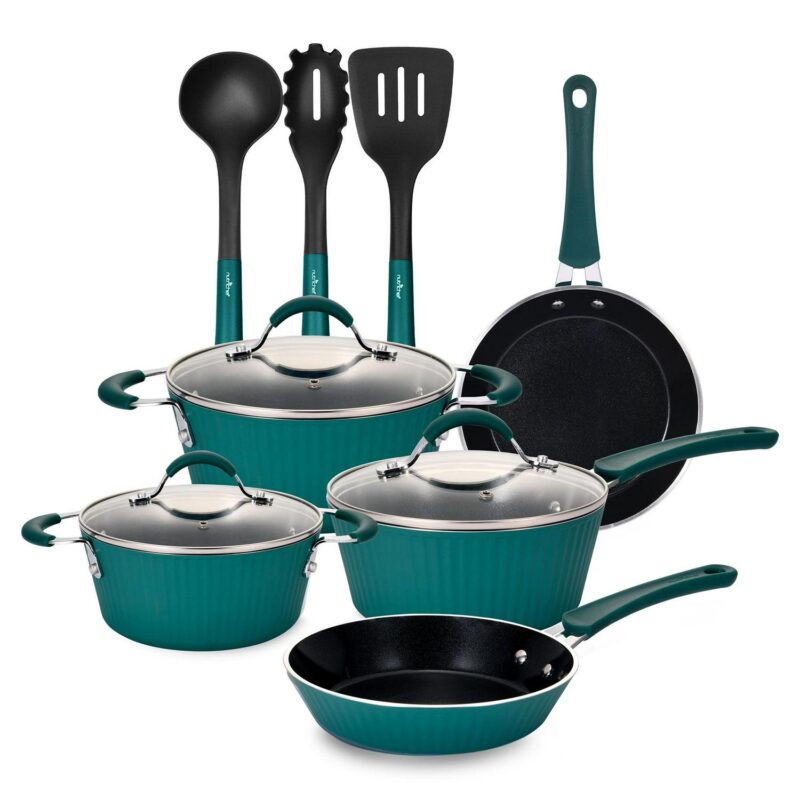 NutriChef 11 Piece Nonstick Elegant Lines Pattern Kitchen Cookware Set Teal