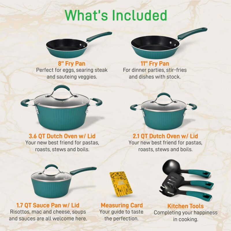 NutriChef 11 Piece Nonstick Elegant Lines Pattern Kitchen Cookware Set Teal - Image 2