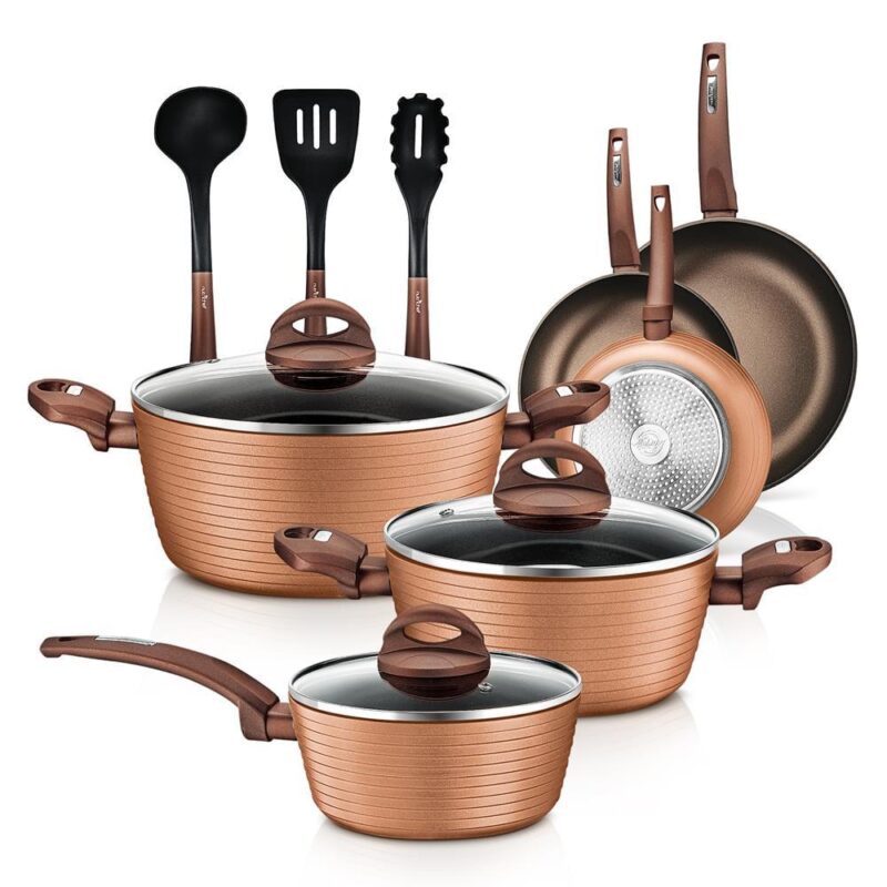 NutriChef 12Piece Set Brown Kitchenware Pots and Pans-Stylish Cookware