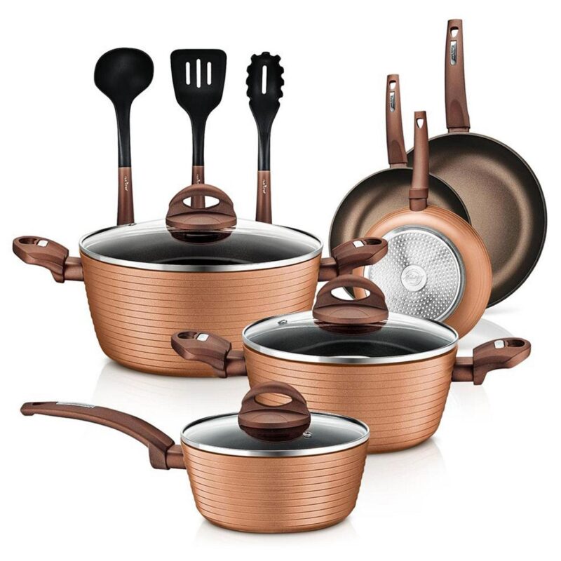 NutriChef 12 Piece Kitchenware Pots and Pans Set - Stylish Kitchen Cookware, Non-Stick Coating Inside and Outside + Heat resistant Lacquer Outside, Coffee Inside and Brown Outside