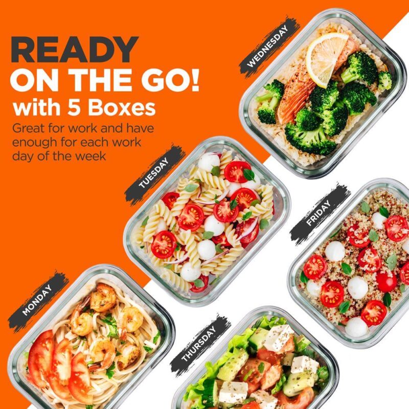 NutriChef 5-Piece Food Storage Containers - 35.86 oz Stackable Superior Premium Glass Meal-prep w/ Airtight Locking Lid, BPA-Free 100% Leakproof, Freezer-to-Oven-Safe, Wave Design, Dishwasher Safe - Image 4