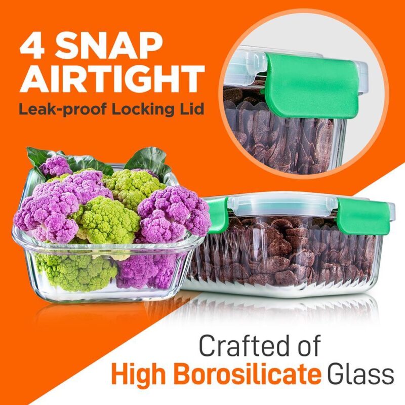 NutriChef 5-Piece Food Storage Containers - 35.86 oz Stackable Superior Premium Glass Meal-prep w/ Airtight Locking Lid, BPA-Free 100% Leakproof, Freezer-to-Oven-Safe, Wave Design, Dishwasher Safe - Image 5