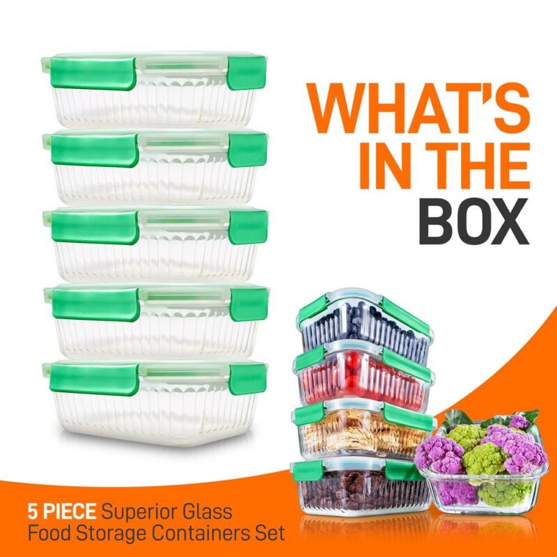 NutriChef 5-Piece Food Storage Containers - 35.86 oz Stackable Superior Premium Glass Meal-prep w/ Airtight Locking Lid, BPA-Free 100% Leakproof, Freezer-to-Oven-Safe, Wave Design, Dishwasher Safe - Image 7