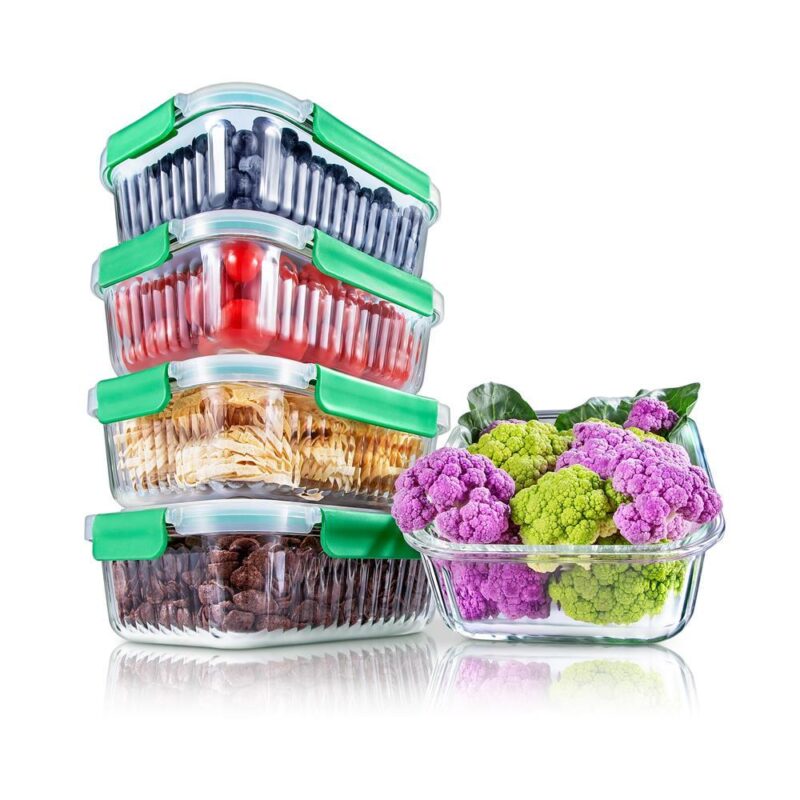 NutriChef 5-Piece Food Storage Containers - 35.86 oz Stackable Superior Premium Glass Meal-prep w/ Airtight Locking Lid, BPA-Free 100% Leakproof, Freezer-to-Oven-Safe, Wave Design, Dishwasher Safe