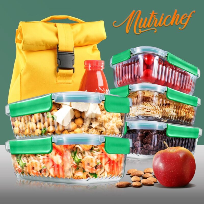 NutriChef 5-Piece Food Storage Containers - 35.86 oz Stackable Superior Premium Glass Meal-prep w/ Airtight Locking Lid, BPA-Free 100% Leakproof, Freezer-to-Oven-Safe, Wave Design, Dishwasher Safe - Image 6
