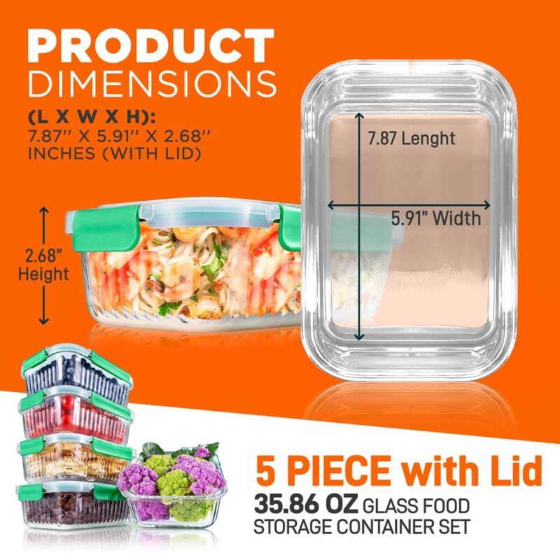 NutriChef 5-Piece Food Storage Containers - 35.86 oz Stackable Superior Premium Glass Meal-prep w/ Airtight Locking Lid, BPA-Free 100% Leakproof, Freezer-to-Oven-Safe, Wave Design, Dishwasher Safe - Image 2