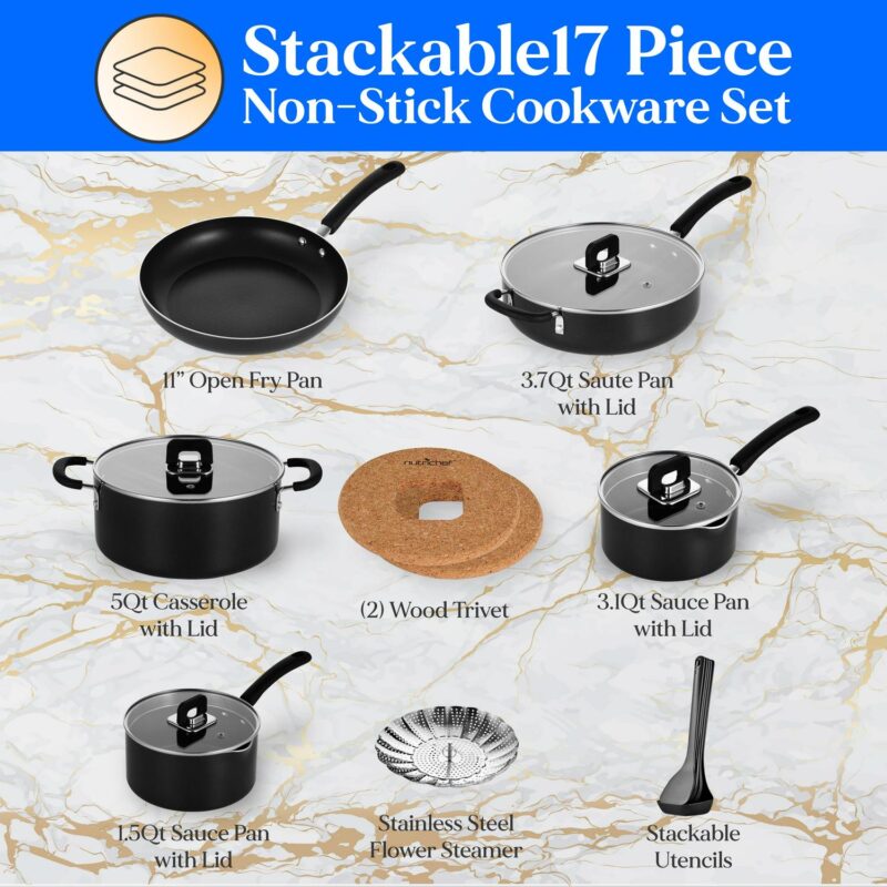 NutriChef Kitchenware 17 Piece Non-Stick Cookware Set, Non-Stick Pans and Pots with foldable Knob, Space Saving, Stackable, Nylon Tools Set, Induction Base, Black - Image 2