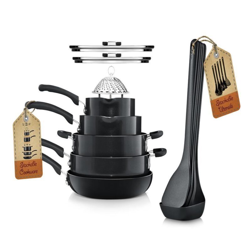 NutriChef Kitchenware 17 Piece Non-Stick Cookware Set, Non-Stick Pans and Pots with foldable Knob, Space Saving, Stackable, Nylon Tools Set, Induction Base, Black