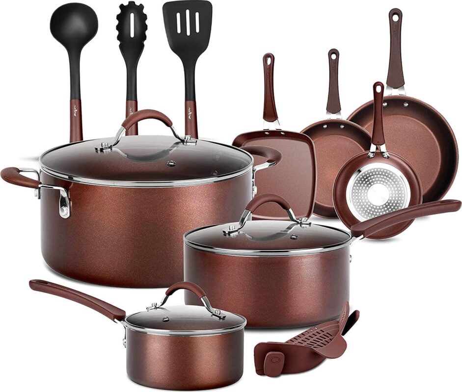 NutriChef Nonstick Cookware Pots and Pans, 14pce Set in Bronze-Aluminum