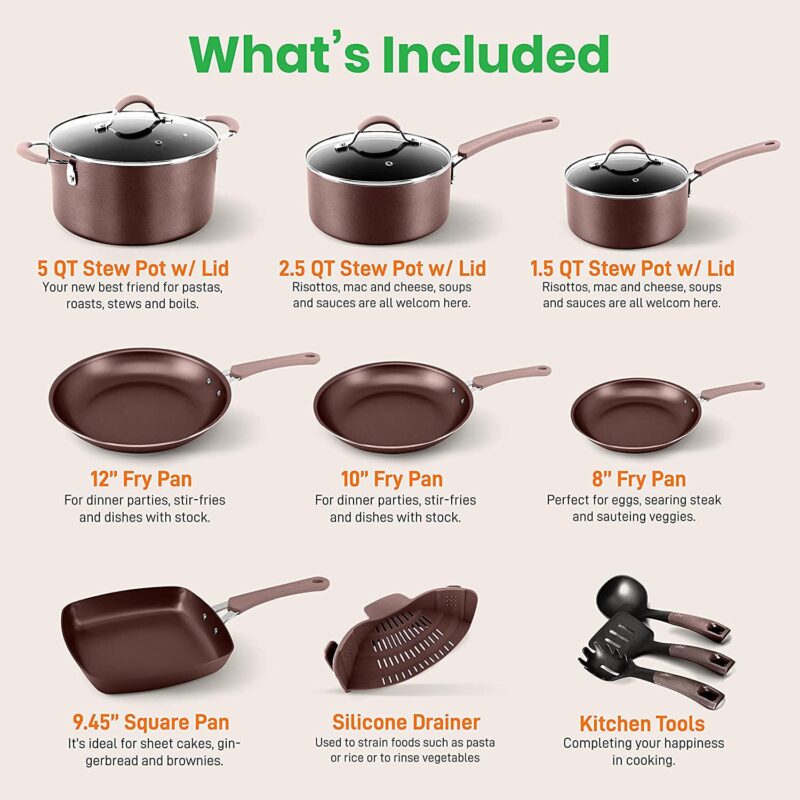 NutriChef Nonstick Cookware Pots and Pans, 14pce Set in Bronze-Aluminum - Image 2