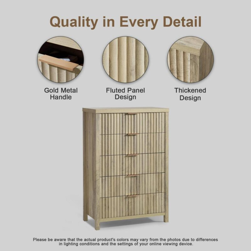OAKHAM 5 Drawer Dresser, Fluted Vertical Chest of Drawers for Bedroom Living Room, Sunwashed Ash Oak - Image 5