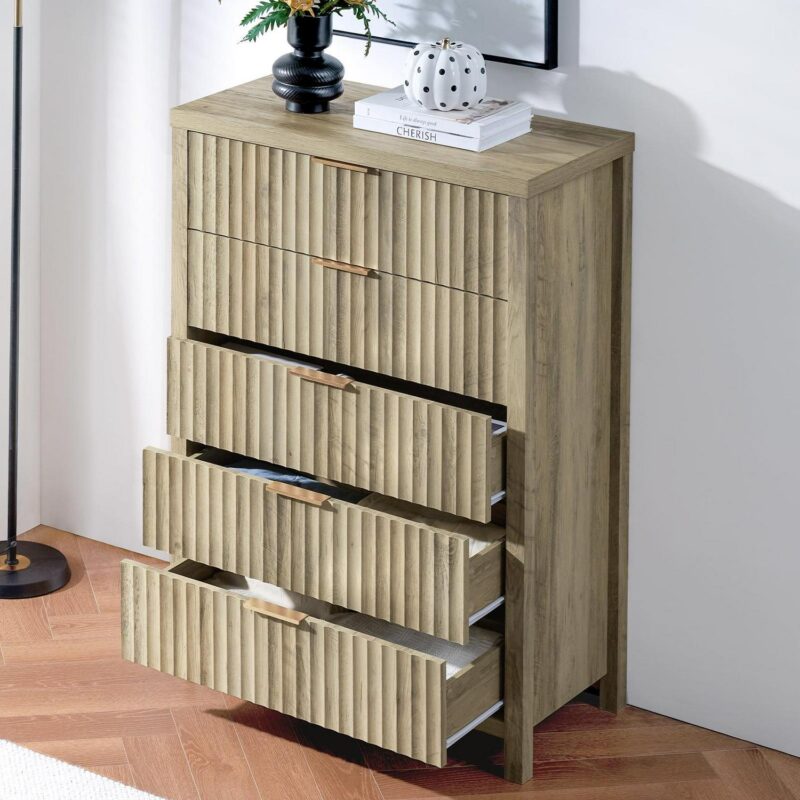 OAKHAM 5 Drawer Dresser, Fluted Vertical Chest of Drawers for Bedroom Living Room, Sunwashed Ash Oak - Image 4